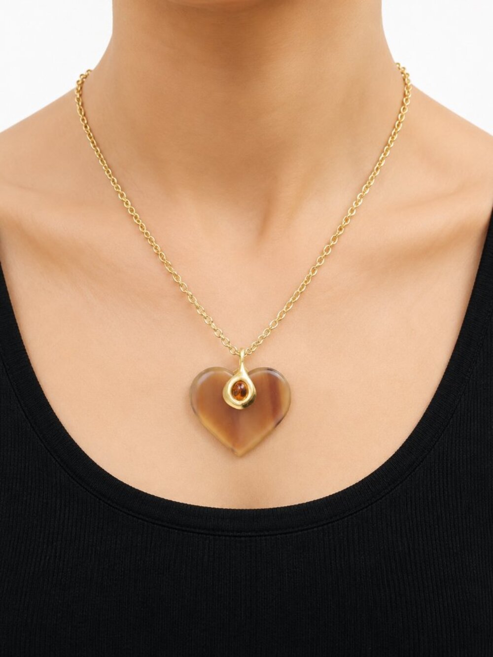 Lucite Heart Pendant Necklace Brown Amber Cabochon Gold Tone Long Chain